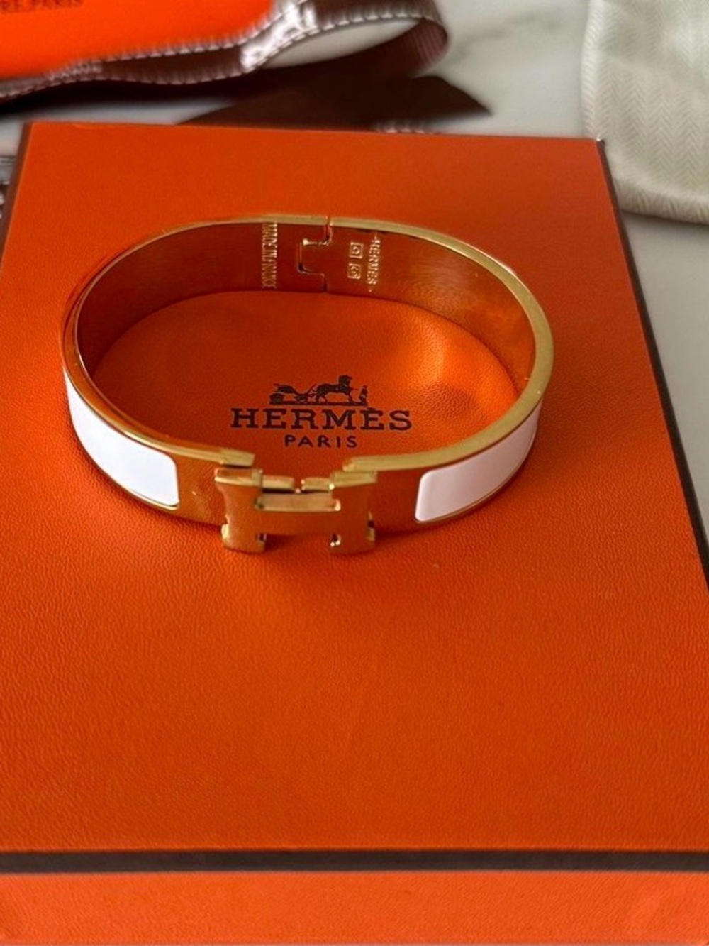 Hermes White Enamel Clic H Bracelet with Gold Hardware